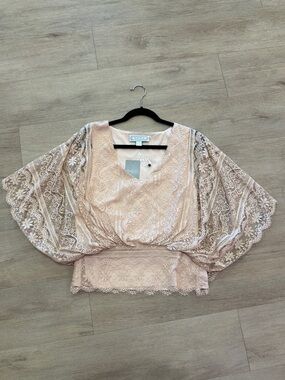 Anthropologie Embroidered Lace Blouson Top in Light Pink